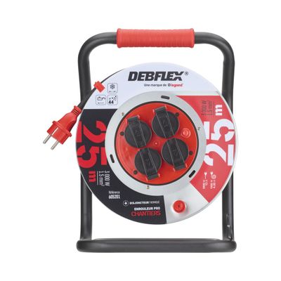 Enrouleur électrique métal 25m IP44 4 prises noir/rouge - DEBFLEX