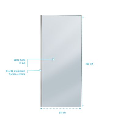 Paroi de douche à l'italienne 90x200 cm profilé chrome verre fumé 8 mm Parma - AURLANE