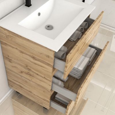Meuble de salle de bains Timber 3 tiroirs L60 x H83 x P46 cm MDF chêne naturel + vasque céramique blanche - AURLANE