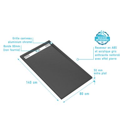 Receveur de douche 80x140 cm acrylique anthracite Pedra - AURLANE