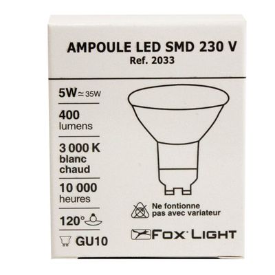 Ampoule LED spot GU10 5 W )= 400 lumens blanc chaud FOX LIGHT