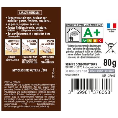 Pâte à bois à l'eau pour petits trous et fissures blanc 80 gr SINTOBOIS