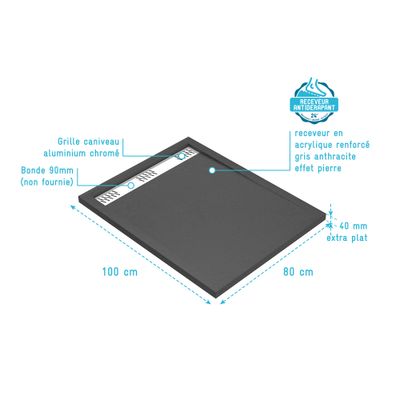 Receveur de douche 80x100 cm acrylique anthracite Pedra - AURLANE