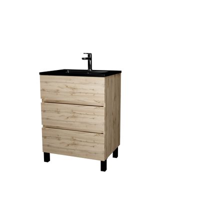 Meuble de salle de bains Timber 3 tiroirs 60 x 83 x 46 cm MDF chêne naturel + vasque céramique noire - AURLANE