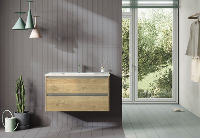 Caisson de salle de bains Thana 2 tiroirs L100 x H55 x P45 cm panneau de particules chêne naturel