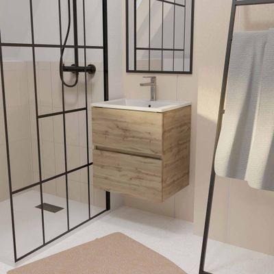 Meuble de salle de bains Timber 2 tiroirs L50 x H56 x P40 cm MDF chêne naturel vasque blanche - AURLANE