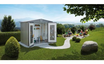 Abri de jardin en métal Europa 4.93 m² gris quartz Taille 4 BIOHORT Livraison à domicile incluse