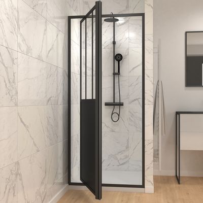 Porte de douche pivotante 80x200 cm profilé noir verre transparent 5 mm Fabrik - AURLANE