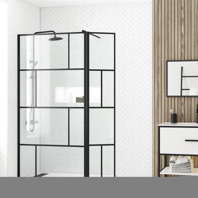 Paroi de douche à l'italienne avec déflecteur 100+40x195 cm profilé noir verre transparent 5 mm Bricks - AURLANE