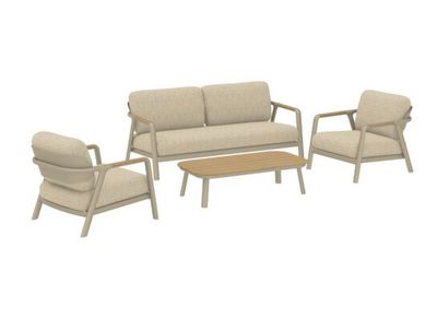 Salon de jardin et de repas PERLE aluminium crème chêne 8 places avec coussins, Livraison à domicile incluse - PROLOISIRS
