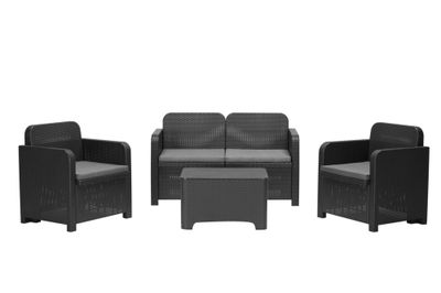 Salon de jardin ARENAL polymère noir 4 places avec coffre et coussins - GRANDSOLEIL