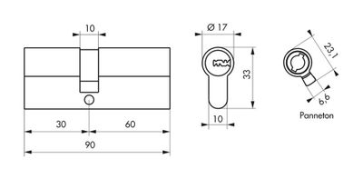 Cylindre de serrure double entrée 30 x 60 mm Trafic 6 haute sécurité nickelé 5 clés THIRARD