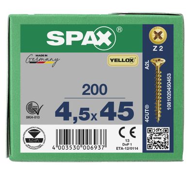 Vis tête fraisée PZ 4,5 x 45 mm par 200 SPAX