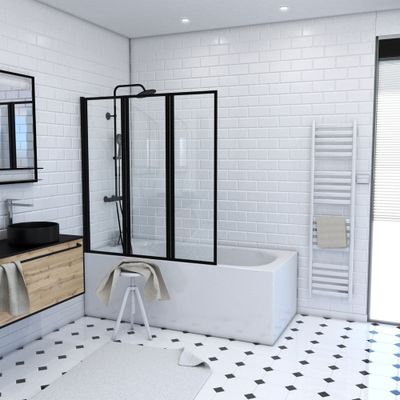 Pare-baignoire pivotant 125x143 cm profilé noir verre transparent triple noir - AURLANE