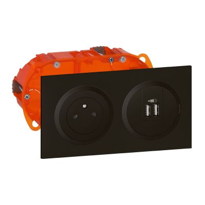 Prise électrique affleurante avec terre et prise double USB-A + plaque + boîte Noir - Dooxie LEGRAND