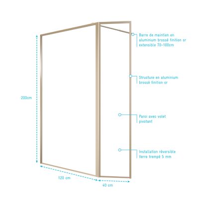 Paroi de douche à l'italienne avec déflecteur 120+40x200 cm profilé or verre transparent 5 mm Golden Edge - AURLANE