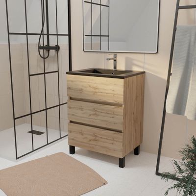 Meuble de salle de bains Timber 3 tiroirs 60 x 83 x 46 cm MDF chêne naturel + vasque céramique noire - AURLANE