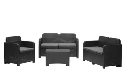 Salon de jardin VESUVIO aluminium noir résine 5 places avec coffre et coussins - GRANDSOLEIL