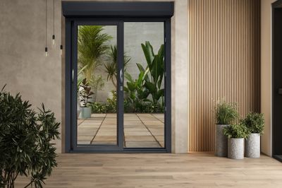 Baie vitrée coulissante pré-montée grise 2 vantaux 2 rails avec volet roulant filaire l.2400 x H.2000 mm CLOSY