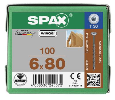 Vis tête disque Torx 6 x 80 mm par 100 SPAX