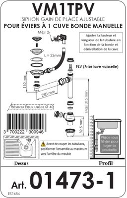Vidage manuel avec trop plein Ø90 mm et siphon pour évier 1 bac - NORD INOX
