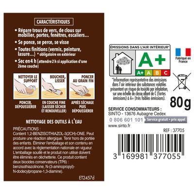 Pâte à bois à l'eau pour petits trous et fissures chêne clair 80 gr SINTOBOIS