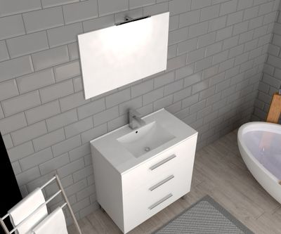 Meuble de salle de bains sur pieds blanc L 80 cm 3 tiroirs avec vasque et miroir Volta