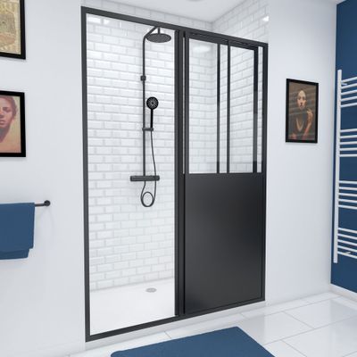 Porte de douche coulissante 120x200 cm profilé noir verre transparent 5 mm Fabrik - AURLANE