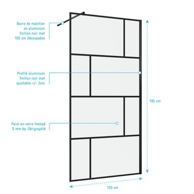 Paroi de douche à l'italienne 100x195 cm profilé noir verre transparent 5 mm Bricks - AURLANE