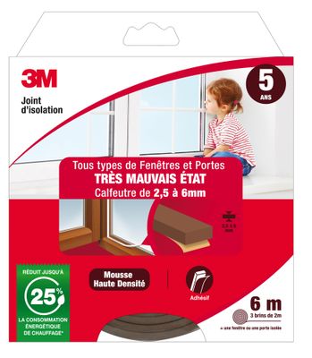 Joint d'isolation pour fenêtre et porte 6 m 2.5 à 6 mm Classique marron 3M