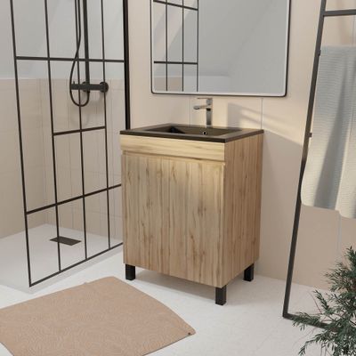 Meuble de salle de bains Timber 2 portes L60 x H83 x P46 cm MDF chêne naturel + vasque céramique noire - AURLANE