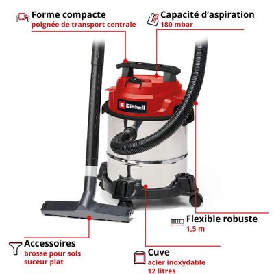 Aspirateur eau et poussière 12 L TC-VC1812/1S - EINHELL