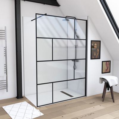 Paroi de douche à l'italienne 140x195 cm profilé noir verre transparent 5 mm Bricks - AURLANE
