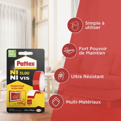 Adhésif Fixation Ni clous ni vis Double Face 120kg 1.5m x 19 mm PATTEX