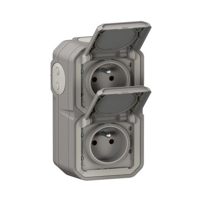 Double prise électrique étanche IP55 en saillie verticale 2 pôles + terre Gris - Plexo LEGRAND