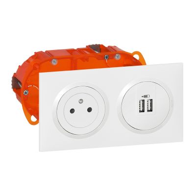 Prise électrique affleurante avec terre et prise double USB-A + plaque + boîte Blanc - Dooxie LEGRAND
