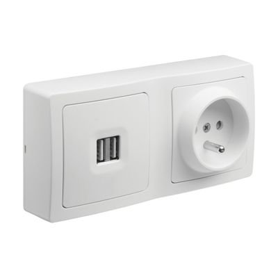 Prise 2 pôles + terre et double prise USB-A en saillie Blok blanc - DEBFLEX