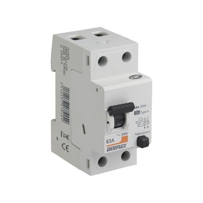Interrupteur différentiel type A 63A 30mA 2 pôlese bornes à vis - DEBFLEX