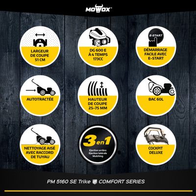 Tondeuse à gazon thermique tractée 3 roues 51 cm démarrage électrique PM 5160 SE Trike - MOWOX