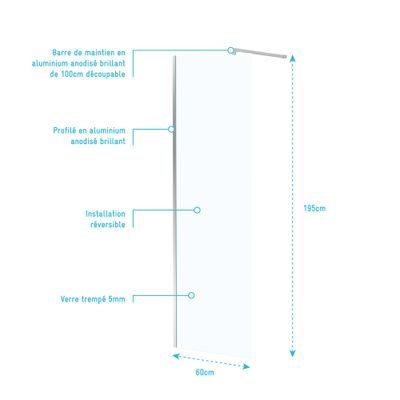 Paroi de douche à l'italienne 60x195 cm profilé chrome verre transparent 5 mm Essentiel - AURLANE