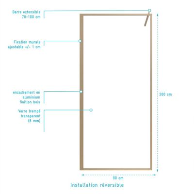 Paroi de douche à l'italienne 90x200 cm profilé bois verre transparent 6 mm Wood Edge - AURLANE