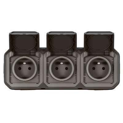 Triple prise électrique étanche IP55 en saillie horizontale 2 pôles + terre Anthracite - Plexo LEGRAND