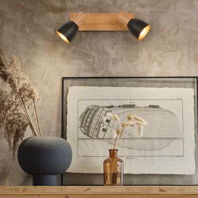 Réglette 2 spots E14 2x7W Noir et bois - Matteo COREP