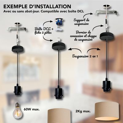 Monture métal E27 pour suspension avec fil tissu noir - TIBELEC