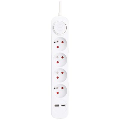 Multiprise avec interrupteur 4 prises + USB A + USB C 1m blanc - GEFOM