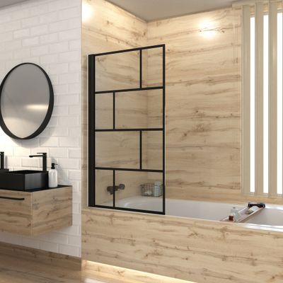 Pare-baignoire rabattable 140x80 cm profilé noir verre sérigraphié Bricks - AURLANE