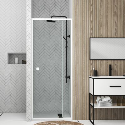 Porte de douche pivotante 90x185 cm profilé blanc verre transparent 5 mm Spot - AURLANE