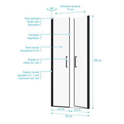 Porte de douche battante 90x200 cm profilé noir verre transparent 6 mm Saloon - AURLANE