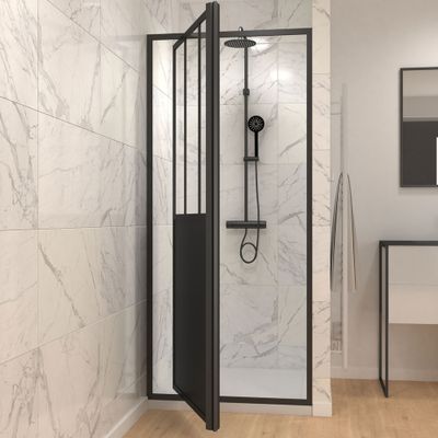 Porte de douche pivotante 90x200 cm profilé noir verre transparent 5 mm Fabrik - AURLANE