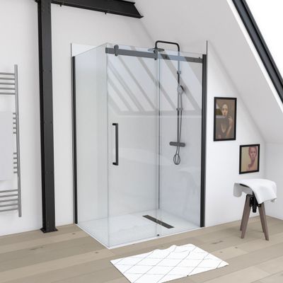 Paroi de douche latérale fixe 90x200 cm profilé noir verre transparent 8 mm Rolling - AURLANE